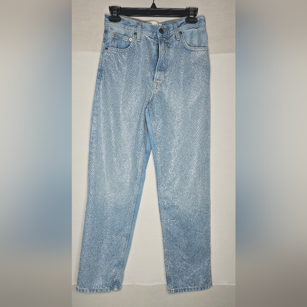 Zara Light Blue Straight Leg Jeans with Rhinestone Detail